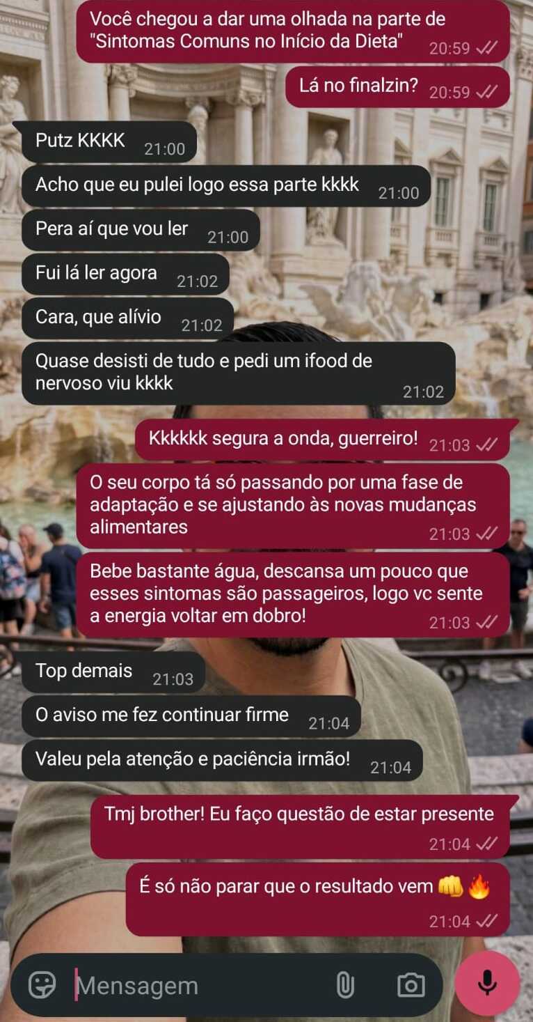 Aluno agradece pelo suporte durante os sintomas de adaptação no início da dieta